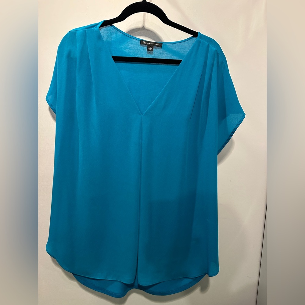 INC International Concepts Teal V-Neck Short Sleeve Blouse 2X